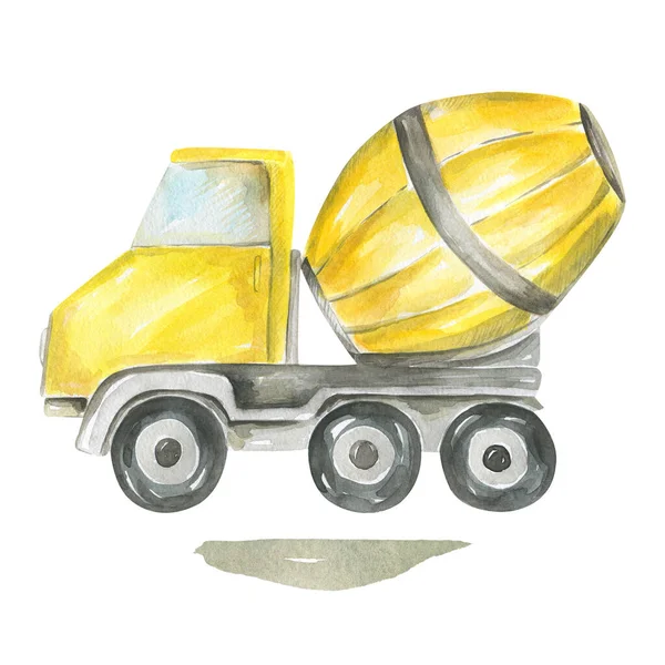 Lindo dibujo animado ilustración de la construcción camión mezclador de hormigón amarillo pintado a mano acuarela diseño de niños — Foto de Stock