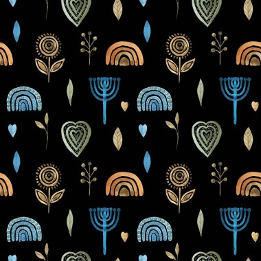 Siyah bir tarlada suluboya desensiz halk çiçekleri. Elle boyanmış İskandinav tarzı, bohem gökkuşağı çocukları tasarımı.