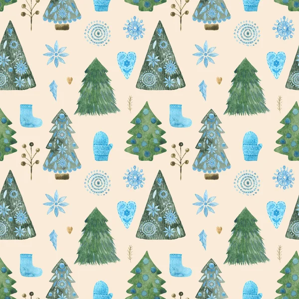 İskandinav Noel ormanlarında bej arka planda pürüzsüz desenler. Halk çiçeklerinin suluboya çizimi, Noel ağacı, çam ağacı elementleri. Gizemli kış ormanı elle boyanmış — Stok fotoğraf