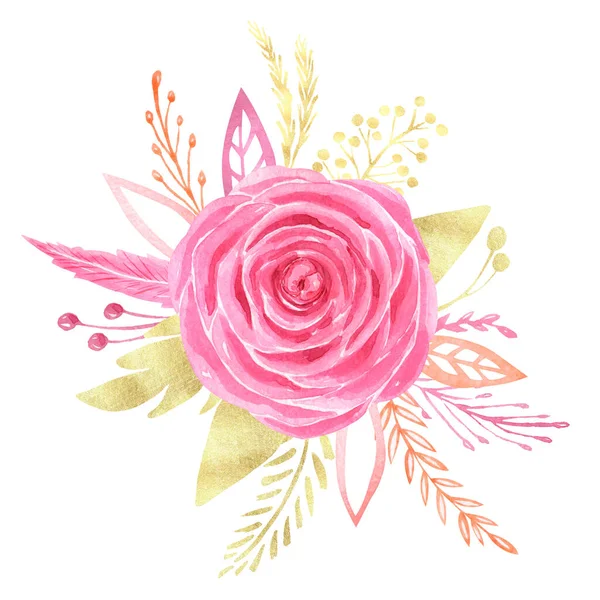 Akwarela kwiatowy układ clipart Ręcznie malowane czerwone róże ślub bukiet Walentynki kwiat miłość kompozycja — Zdjęcie stockowe