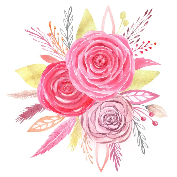 Acquerello boho composizione floreale clipart dipinto a mano rose rosse bouquet da sposa. — Foto Stock