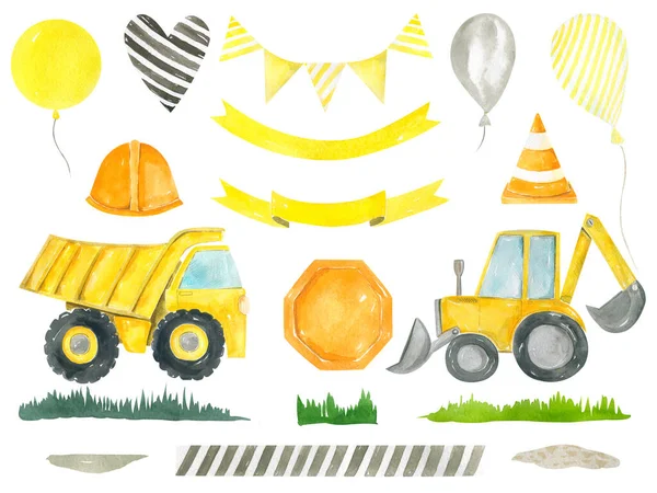 Costruzione clipart camion collezione per bambini per la decorazione della festa di compleanno Acquerello dipinto a mano bambini design — Foto Stock