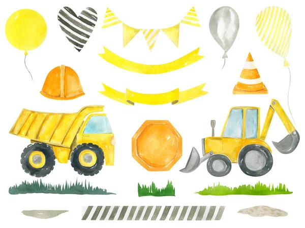 Budowa clipart ciężarówki dla dzieci kolekcja na urodziny dekoracja strony Akwarela ręcznie malowane dzieci design — Zdjęcie stockowe