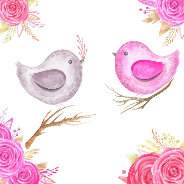 Jarní složení pár roztomilých ptáků a krásné květiny akvarel ručně malované Valentines Day Greeting Card — Stock fotografie
