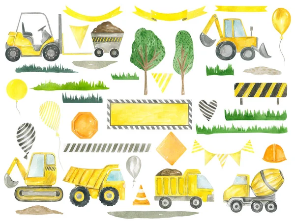 Camion clipart costruzione, cartelli stradali, palloncini, nastri, alberi collezione per bambini per la decorazione della festa di compleanno Acquerello dipinto a mano disegno bambini — Foto Stock