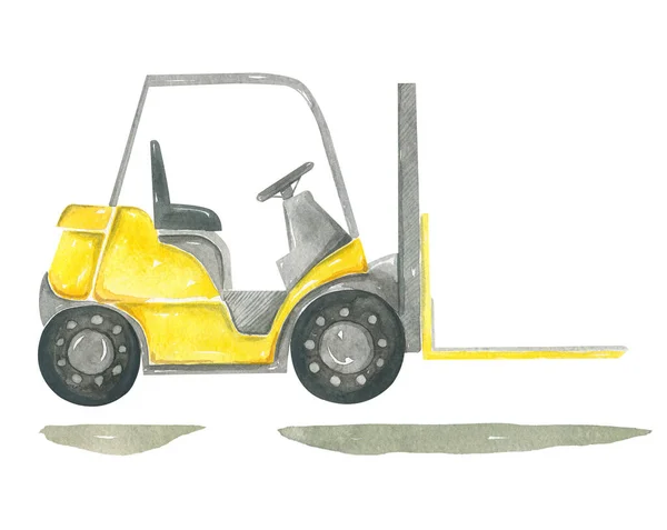建筑黄色装载机的卡通画手绘水彩画儿童设计 — 图库照片