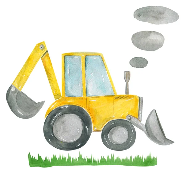 Cute cartoon illustration of construction yellow tractor Hand painted watercolor childrens design — Stock Photo, Image
