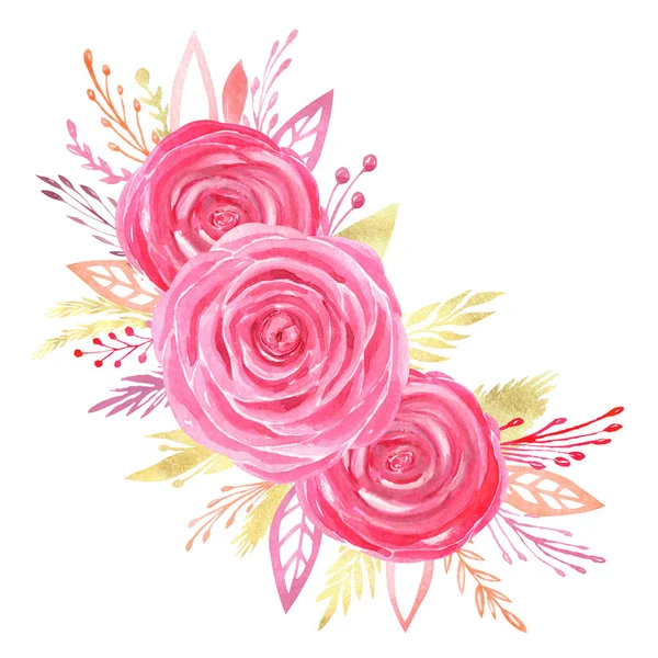 Aquarell Blumenschmuck Cliparts Handbemalte rote Rosen Hochzeitsstrauß. — Stockfoto