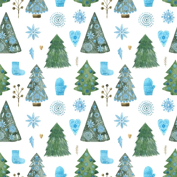 Watercolor Christmas pattern, Christmas tree, textures, floral, Seamless pattern hand painted winter folk elements on white background