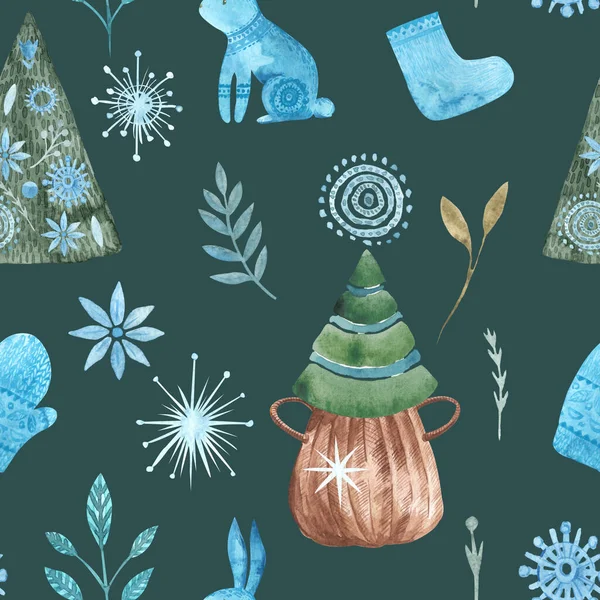 Aquarel Kerst patroon, Kerstboom, dieren, konijn, texturen, bloemen, Naadloos patroon met de hand geschilderd winter folk elementen op groene achtergrond — Stockfoto