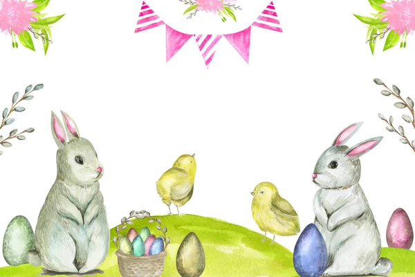 Banner Watercolor Easter Bunny. Hand painted colorful egg, chicken, rabbit animal and floral decor clip art Copy space for your text — Stock Photo, Image