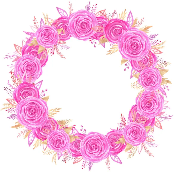 Akwarela kwiatowa ramka clipart Ręcznie malowane różowe róże wesele wieniec Walentynki kwiat miłość kompozycja — Zdjęcie stockowe