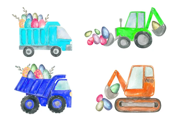 Mutlu Paskalya Yumurtası kamyonları. Çocuk bir yumurta avcısı. Çöp kamyonu, kazıcı, traktör, buldozer inşaat ekipmanları.