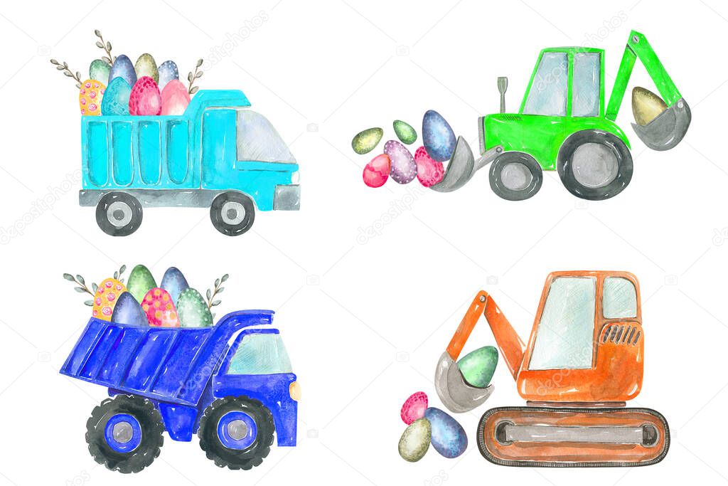 Happy Easter eggs truck clipart. The boy is an egg hunter. Dump truck, excavator, tractor, bulldozer construction equipment