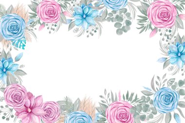 Beyaz arka planda pembe ve mavi çiçekli çiçek desenli botanik öğeleri kopyalama alanı. Davetiyeler, kartpostallar, kartpostallar için şablon