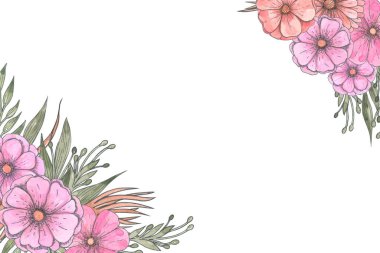 Bir narin pembe çiçek bayrağı, uzay şablonunun bir kopyasıdır Davetiyeler, kartpostallar, kartpostallar için bir şablon