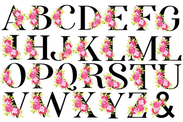 Alphabet floral Lettres noires rouge rose Fleurs pour invitations de mariage, Cartes de voeux, Cartes — Photo