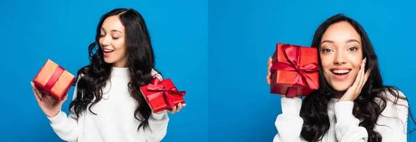 Collage Donna Felice Maglione Guardando Scatola Regalo Natale Isolato Blu — Foto Stock