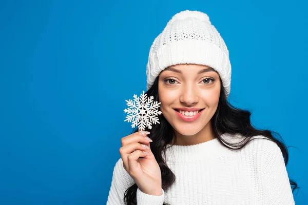Happy Woman Knitted Hat Holding Decorative Snowflake Isolated Blue — Stock Photo, Image