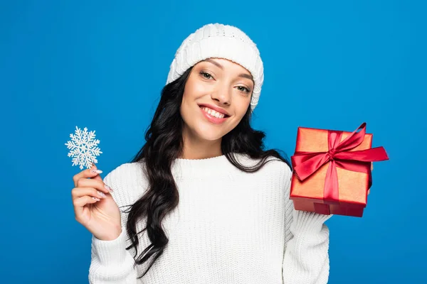 Happy Woman Knitted Hat Holding Decorative Snowflake Present Isolated Blue — Stock Photo, Image