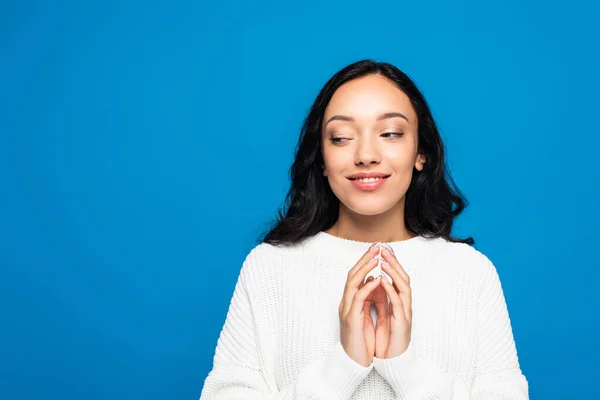 Brunette Woman Looking Away While Scheming Isolated Blue — Stock Photo, Image