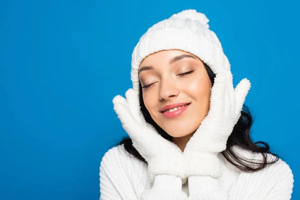 Pleased Woman Knitted Hat Gloves Isolated Blue — Stock Photo, Image
