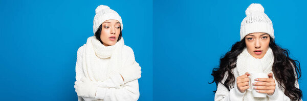 collage of young woman in knitted hat and gloves holding cup and freezing isolated on white 