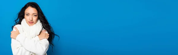 Брюнетка Молода Жінка Язаному Шарфі Замерзання Ізольована Білому Банер — стокове фото