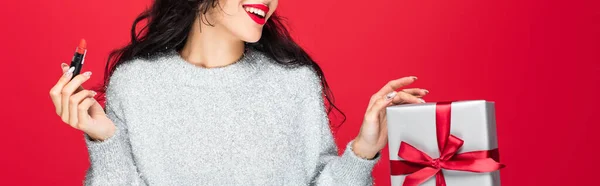 Cropped View Happy Woman Sweater Holding Lipstick Present Isolated Red — Stock Photo, Image