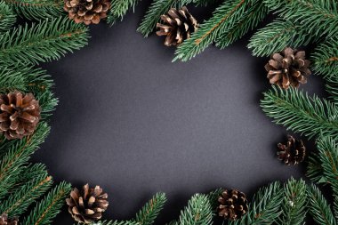Flat lay with pine cones with fir branches on black background, new year concept clipart