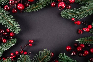 Top view of red artificial berries and pine branches on black background, new year concept clipart
