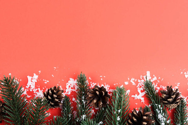 Pine cones with fir branches and artificial snow, new year concept