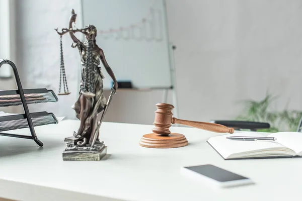 Themis Figurine Gavel Wooden Block Workplace Blurred Flipchart Background — Stock Photo, Image