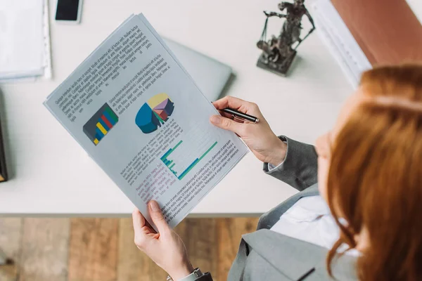 Overhead View Lawyer Holding Paper Sheets Graphs Workplace Themis Figurine — Stock Photo, Image