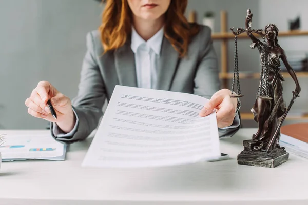 Cropped View Female Lawyer Giving Document Pen While Sitting Workplace — Stock Photo, Image