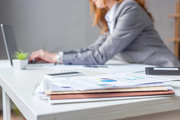 Cropped View Lawyer Typing Laptop While Sitting Workplace Pile Documents — Stock Photo, Image