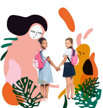 multicultural schoolgirls with backpacks holding hands and looking at camera near magic characters illustration on white  clipart