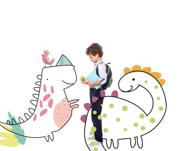 side view of schoolboy with backpack and book holding apple near magic characters illustration on white  clipart
