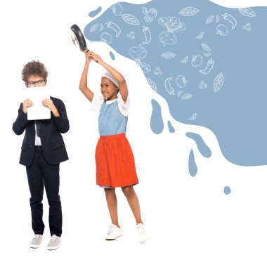 african american child pretending housewife and holding frying pan near boy in suit covering face with digital tablet near food illustration on white  clipart