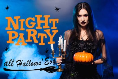 pale woman with scary makeup holding pumpkin and burning candles near night party all hallows eve lettering on blue with smoke clipart