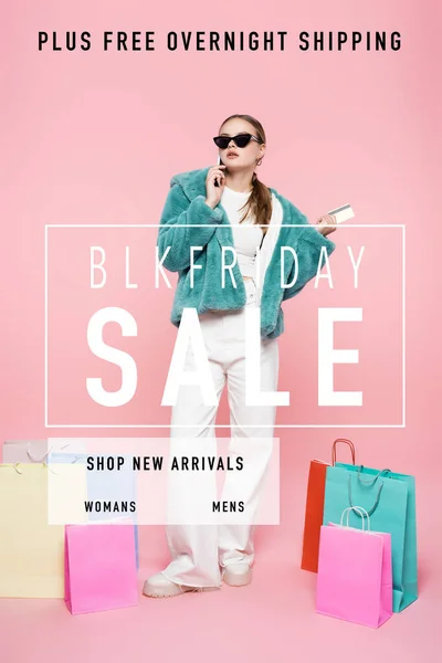 Stylish Woman Sunglasses Talking Smartphone Holding Credit Card Shopping Bags — Stock Photo, Image