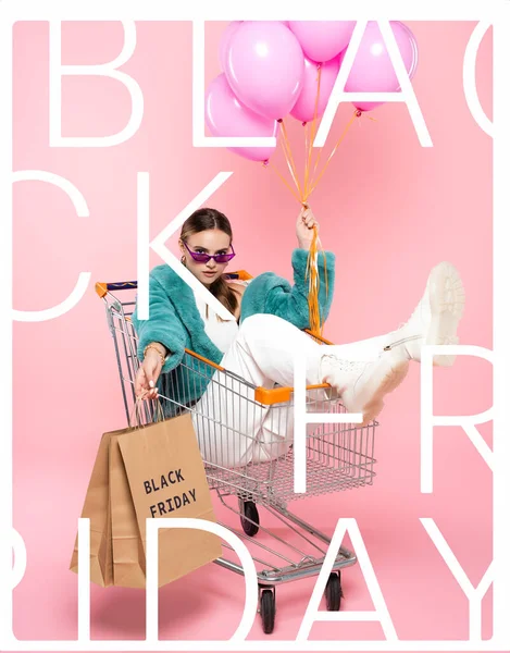 Young Woman Sunglasses Sitting Cart Shopping Bags Holding Balloons Black — Stock Photo, Image