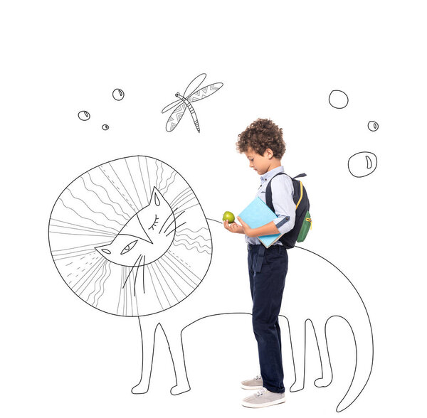 side view of curly schoolboy with backpack and book holding apple near magic characters illustration on white 