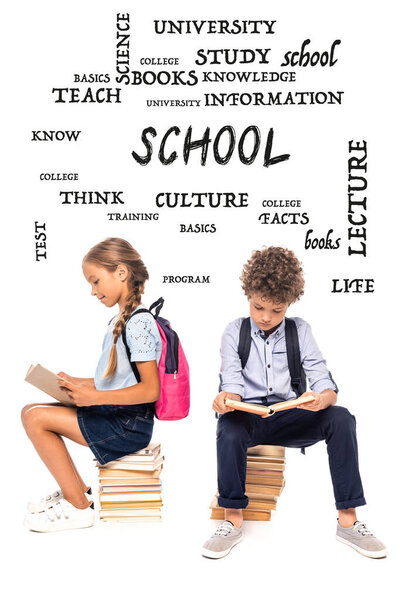 schoolkids sitting on books and reading near lettering on white