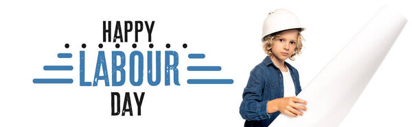 boy in safety helmet and costume of architect holding blueprint happy labour day lettering on white, banner