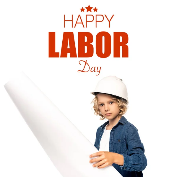 Boy Safety Helmet Costume Architect Holding Blueprint Happy Labor Day — Stock Photo, Image