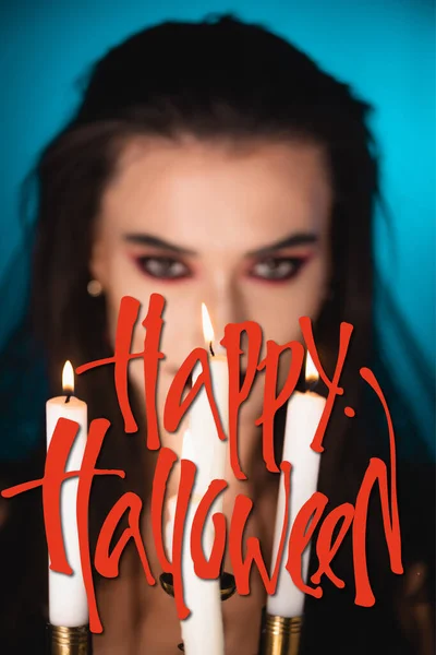 Burning Candles Young Woman Black Makeup Happy Halloween Lettering Blue — Stock Photo, Image