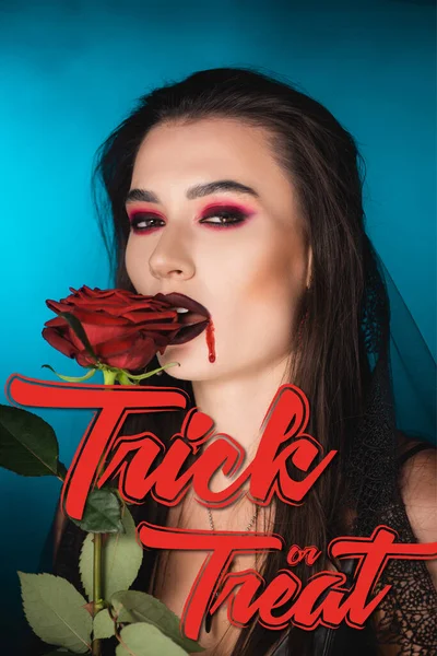 Young Creepy Woman Blood Face Red Rose Trick Treat Lettering — Stock Photo, Image