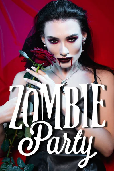 Pale Brunette Woman Blood Face Holding Rose Zombie Party Lettering — Stock Photo, Image