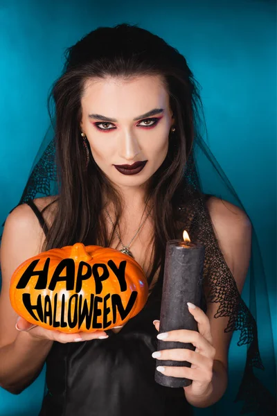 Pale Woman Black Makeup Veil Holding Burning Candle Pumpkin Happy — Stock Photo, Image